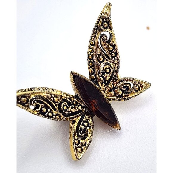 Vintage Butterfly Art Nouveau Brooch Pin With Amber Stone & Filigree Detailing - Picture 4 of 4